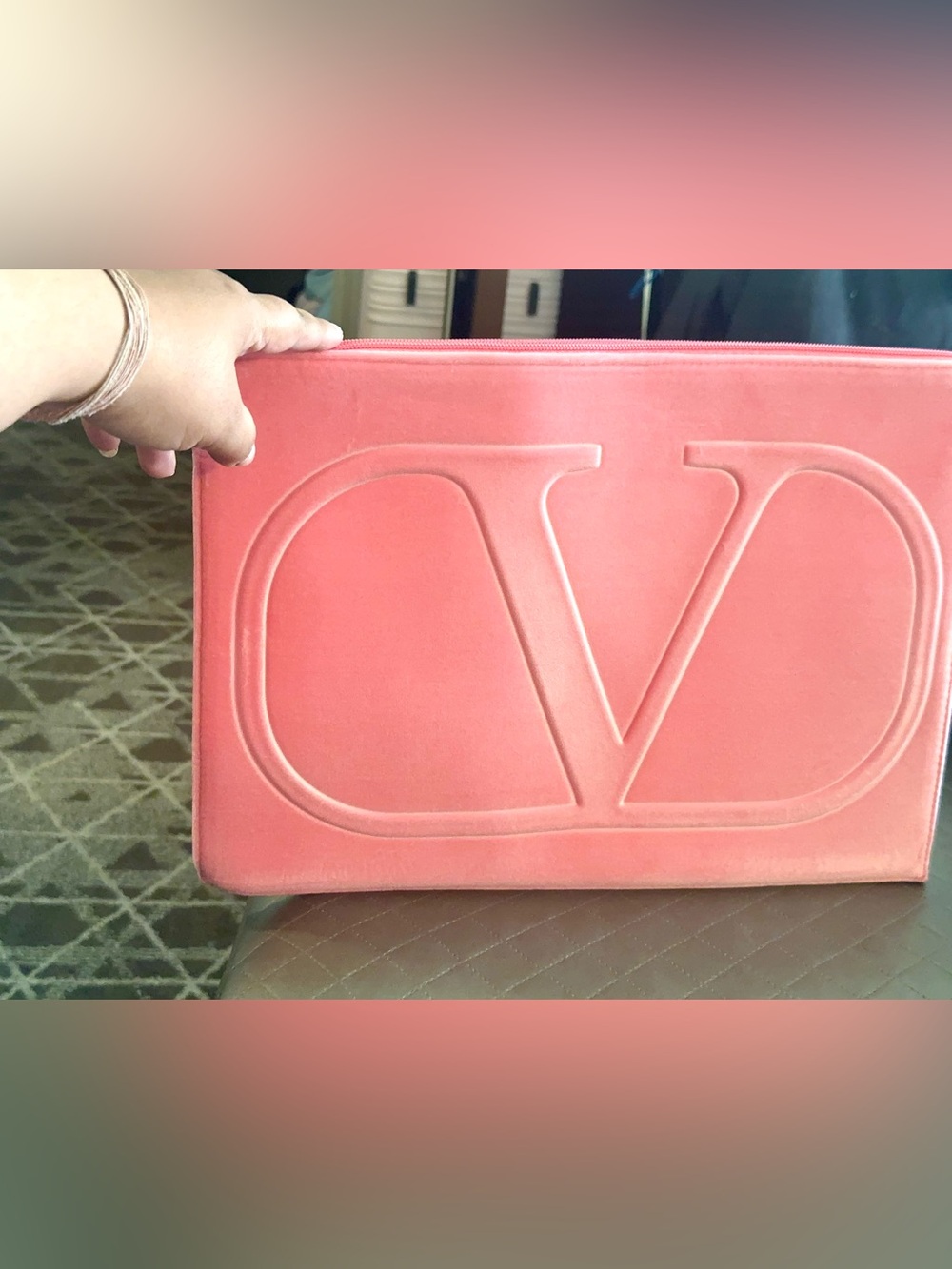 Valentino Coral Pink Embossed V Logo large Soft Velvet Laptop Sleeve
